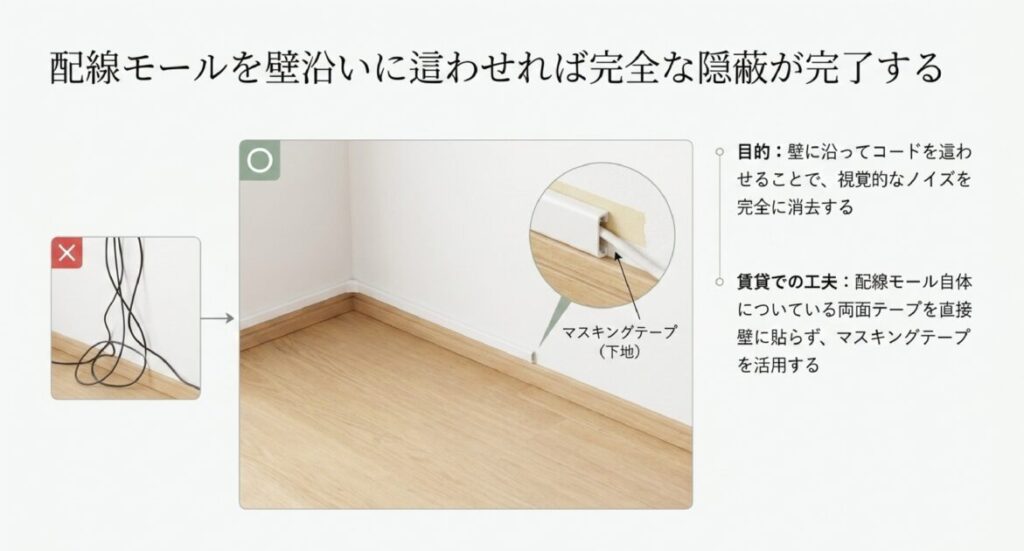 壁沿いに配線モールを這わせて視覚的ノイズを消し、下地にマスキングテープを貼る工夫