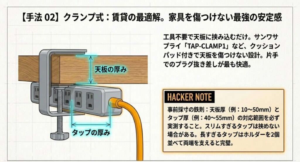 天板厚10〜50mm、タップ厚40〜55mmに対応したクランプ式固定具の構造図。