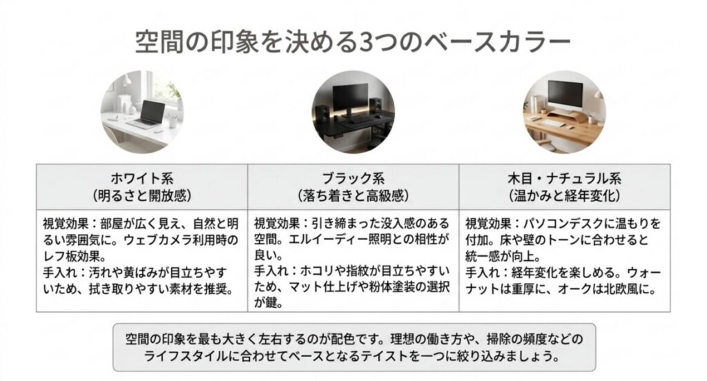 ホワイト系・ブラック系・木目ナチュラル系という3つのベースカラーの視覚効果と手入れの特徴を比較し、空間印象を決めるテイスト選びの指針を示した図解。