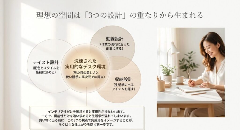 テイスト設計・動線設計・収納設計の3つが重なる中心に、洗練された実用的なデスク環境が生まれることを示すベン図と作業中の女性の画像。