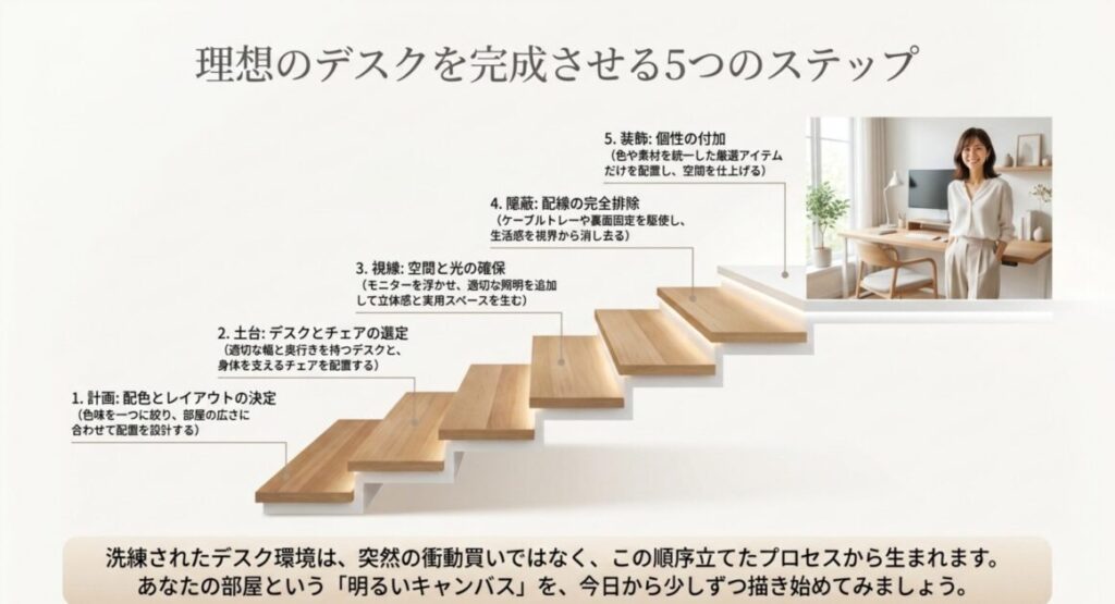 計画・土台・視線・隠蔽・装飾の5つのステップで理想のデスクを完成させる順序立てたプロセスを階段状の図で示した、デスク環境作りの完成ロードマップ。