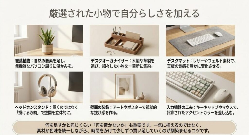 観葉植物・デスクオーガナイザー・デスクマット・ヘッドホンスタンド・壁面装飾・入力機器の6つを使い、デスクに自分らしさを加える小物アイデア集の写真。