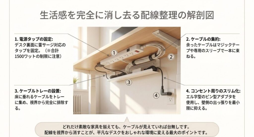 電源タップ固定・ケーブル集約・ケーブルトレー設置・コンセント周りのスリム化という4ステップで、デスク裏の配線整理を視覚的に解説した解剖図。
