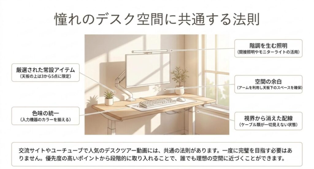 厳選された常設アイテム、色味の統一、空間の余白、視界から消えた配線、階調を生む照明など、憧れのデスク空間に共通する5つの法則を解説した図。