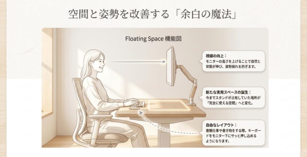 モニターアームを使うことで視線が上がり姿勢崩れの軽減が期待でき、スタンドが占有していた場所が使える空間に変化する、余白の魔法の機能解説図。