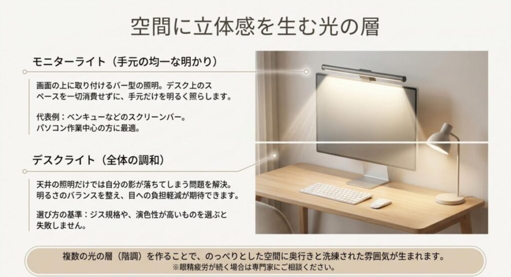 モニターライトとデスクライトを組み合わせて複数の光の層を作ることで、目への負担軽減が期待でき、空間に立体感が生まれる照明計画の解説イラスト。