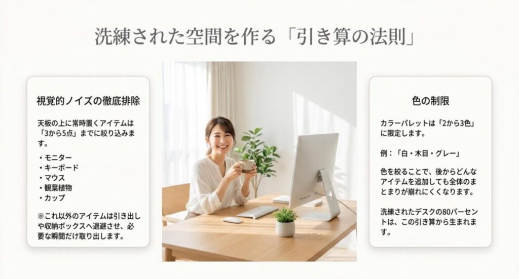 天板の常設アイテムを3〜5点に絞る視覚的ノイズの排除と、カラーパレットを2〜3色に絞る色の制限による、洗練された空間を作る引き算の法則の解説図。