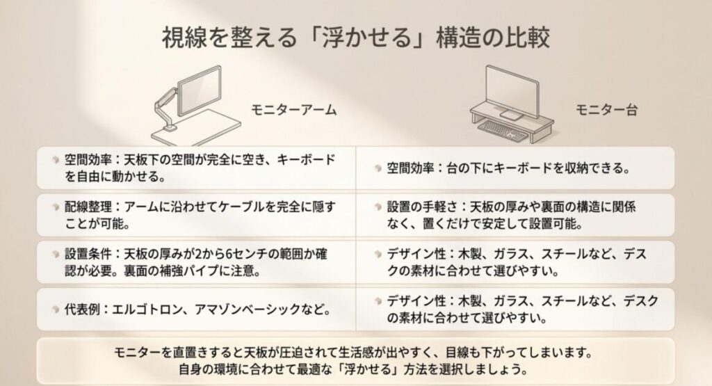モニターアームとモニター台の空間効率・配線整理・設置条件・デザイン性を比較し、視線を整える浮かせる構造のメリットと違いを解説した図解。