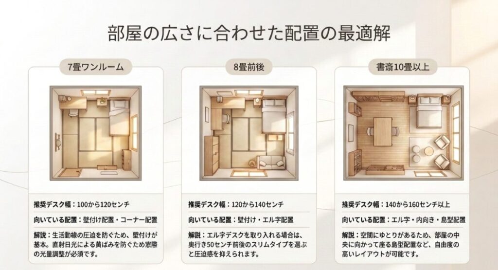 7畳ワンルーム・8畳前後・書斎10畳以上の3パターンで、部屋の広さに合わせた推奨デスク幅と向いている配置を示した、おしゃれなデスク環境の配置比較図。