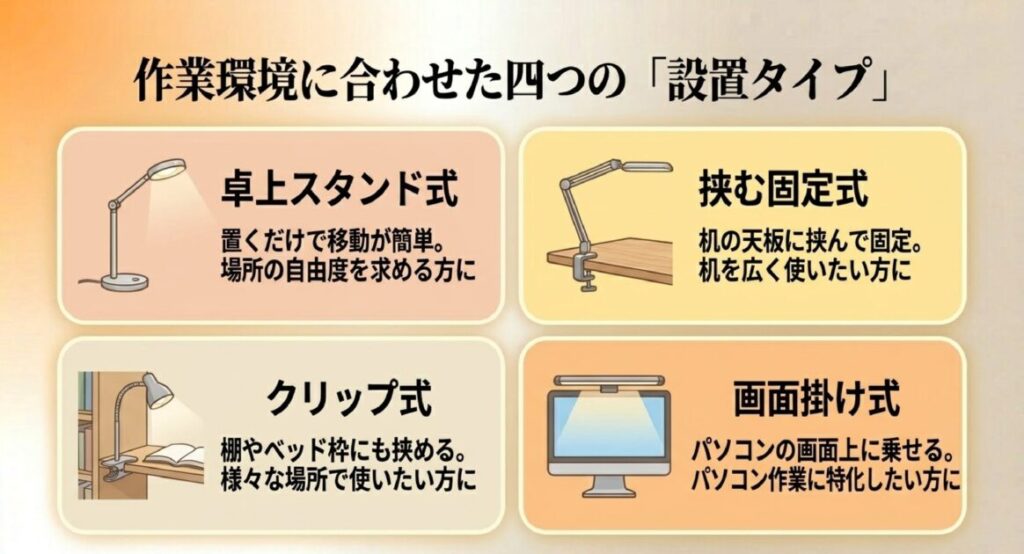 卓上スタンド、天板に挟む固定式、棚用のクリップ式、パソコン画面に乗せる掛け式の4タイプのイラスト比較。