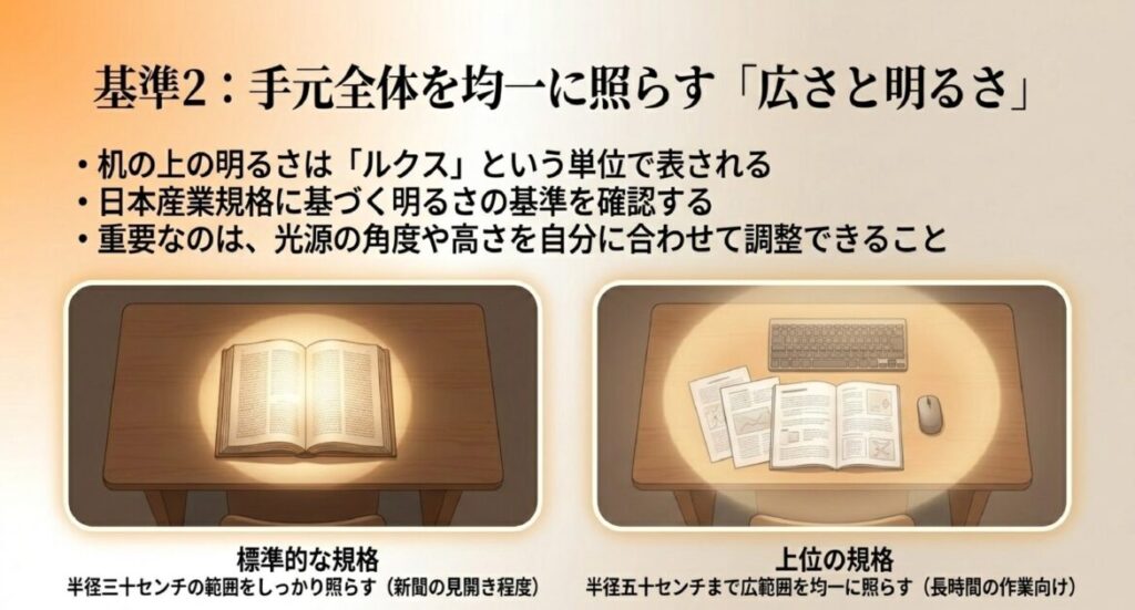 新聞見開き（半径30cm）から広範囲（半径50cm）までを均一に照らす、ルクス単位の明るさ基準。