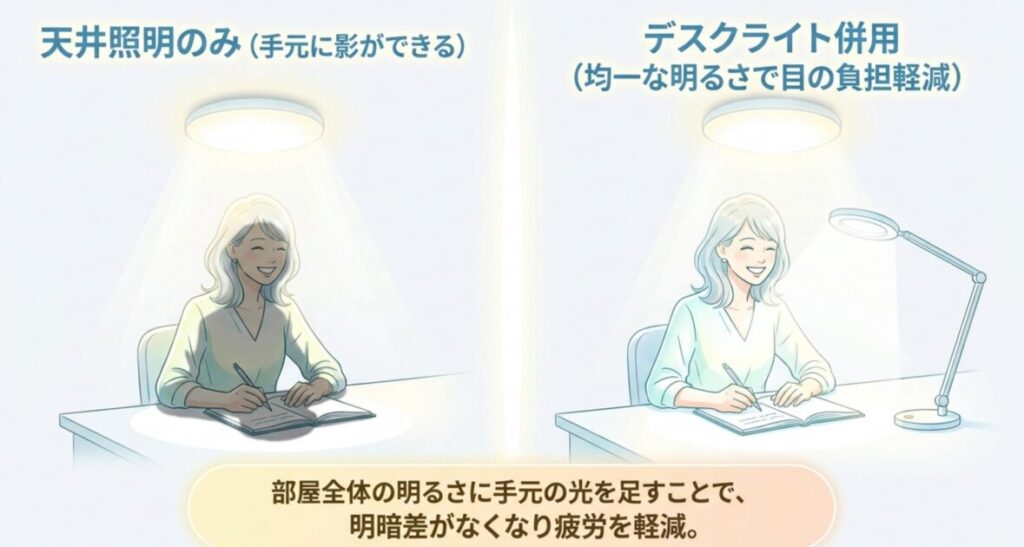 天井照明のみで作業する女性と、デスクライトを併用する女性の比較イラスト。手元の明暗差を抑え目への負担軽減が期待できる併用のメリットを視覚的に伝える図解。