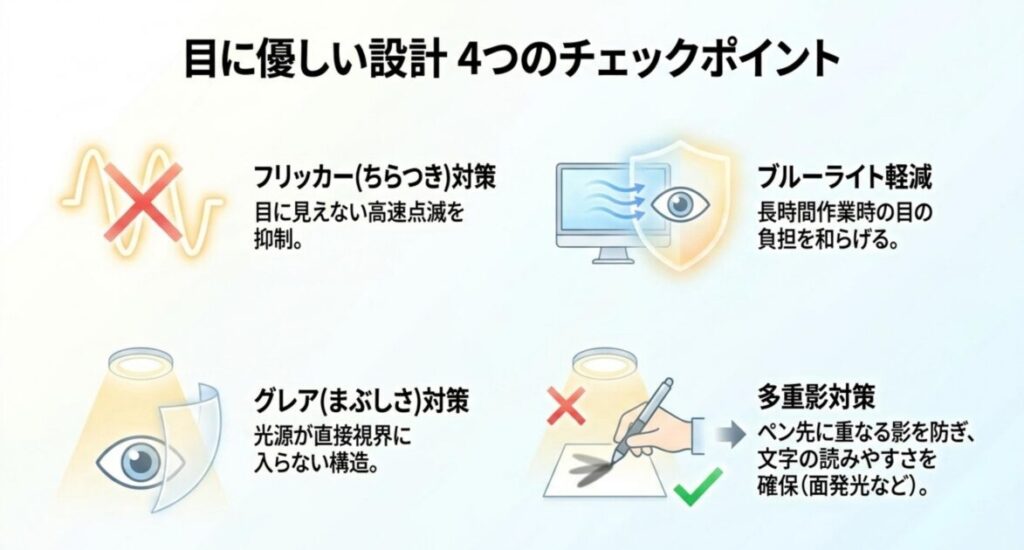 フリッカー対策・ブルーライト軽減・グレア対策・多重影対策という、デスクライトの目に優しい設計で確認したい4つのチェックポイントをアイコンで整理した解説図。