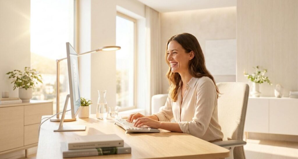 朝日の差し込む明るい部屋でデスクライトとモニターに向かい笑顔で作業する女性。在宅ワークや学習における快適なデスク照明環境のイメージを表現したアイキャッチ画像。