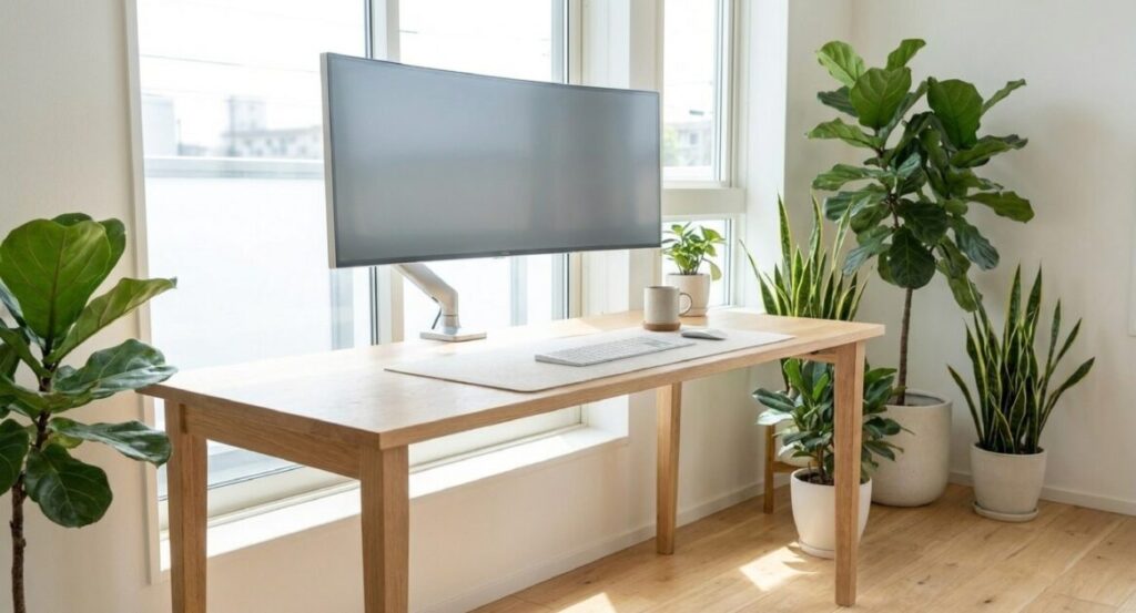 朝日の差し込む明るい部屋で在宅ワークや学習における快適なデスク照明環境のイメージを表現したアイキャッチ画像。