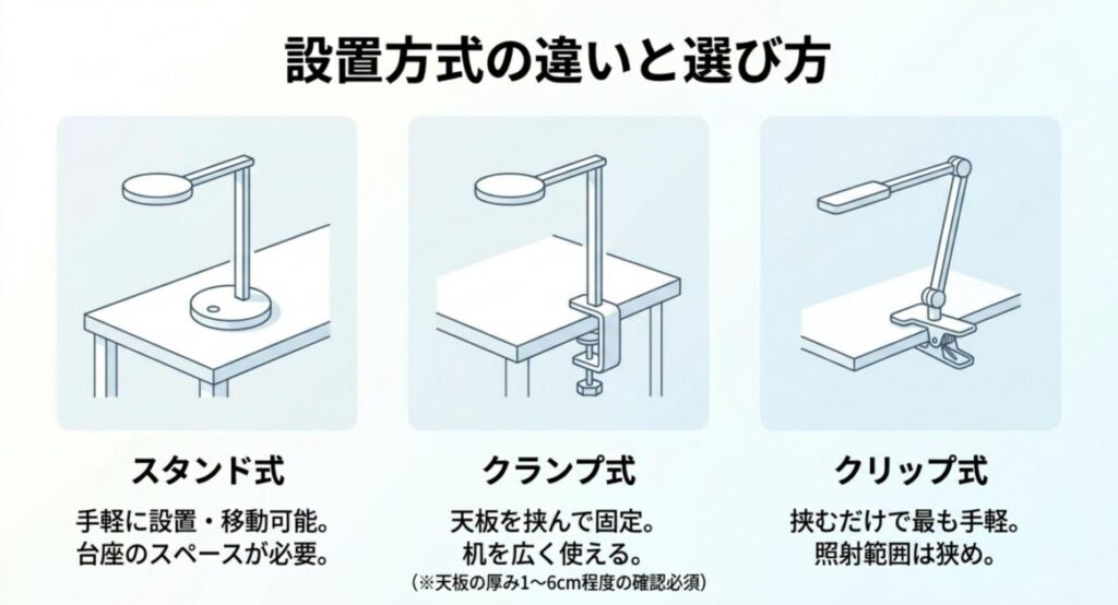 スタンド式・クランプ式・クリップ式のデスクライト設置方式3タイプを並べて比較したイラスト。それぞれの設置イメージと特徴、天板厚みへの注意点を解説。