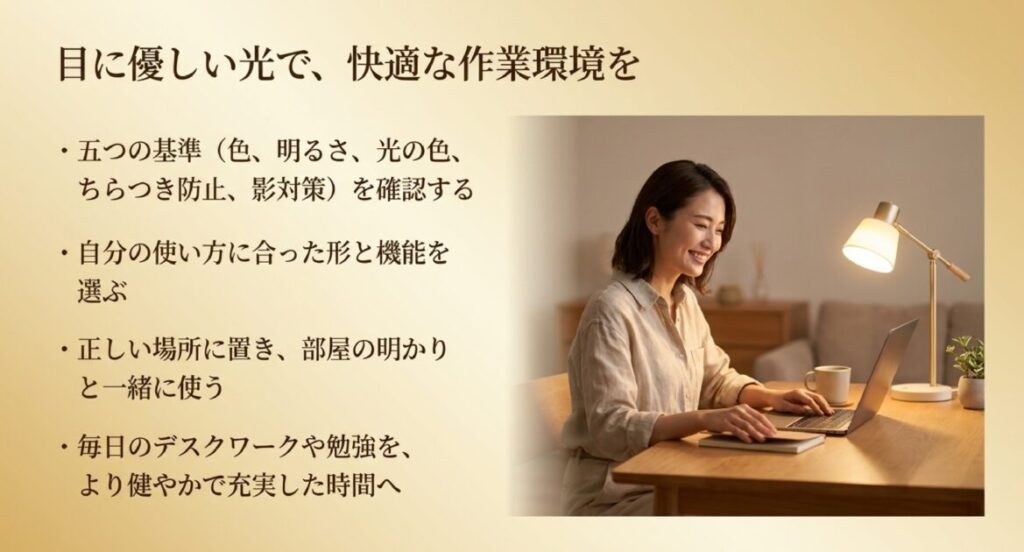 デスクライトの下でノートPCを操作する女性の横に、5つの選定基準（演色性・照度・光の色・ちらつき・影対策）と正しい設置場所の確認事項を記したまとめ図。