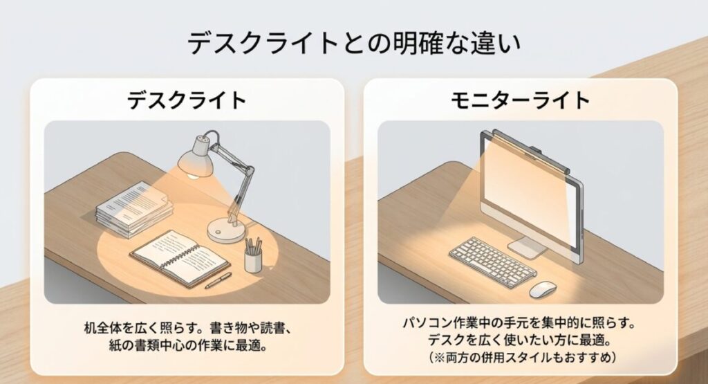 机全体を照らすデスクライトと、手元を集中的に照らし省スペースなモニターライトの用途別比較イラスト