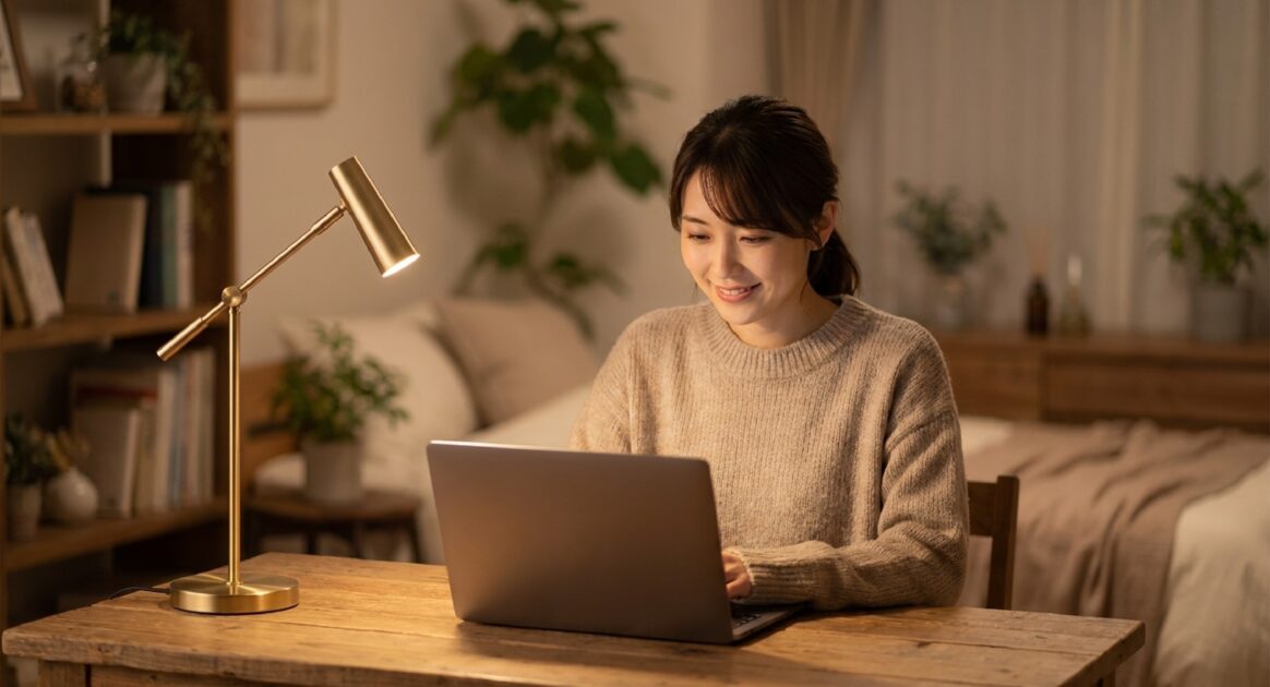 暖色系のデスクライトで照らされた落ち着いた部屋で、笑顔でノートパソコンを操作する女性の姿。