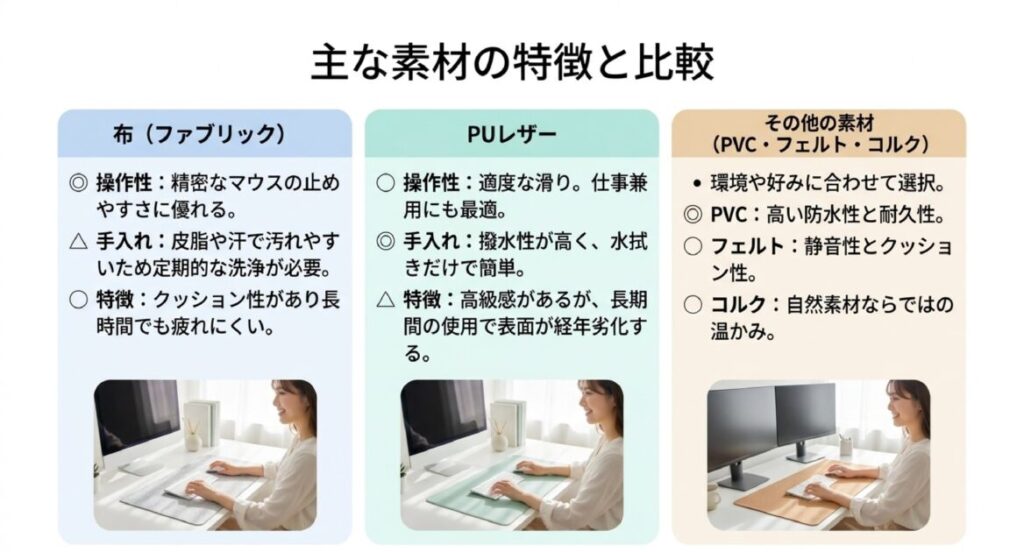 布、PUレザー、PVC、フェルト、コルクそれぞれの操作性と手入れのしやすさの比較