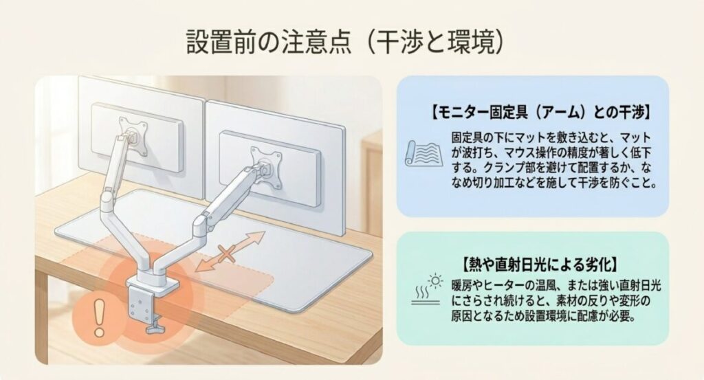 モニターアームのクランプ部を避けてマットを配置し、波打ちや精度低下を防ぐ注意図