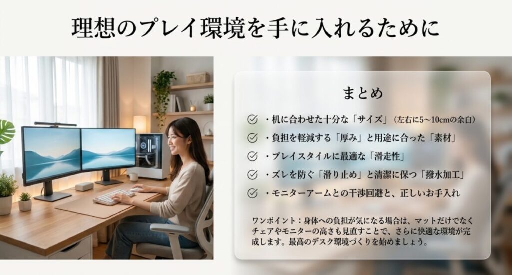 デュアルモニター環境でデスクマットを使用する女性の横に、サイズ（左右5〜10cmの余白）、厚み、素材、滑走性、撥水加工、干渉回避の6つの確認項目を記したまとめ図
