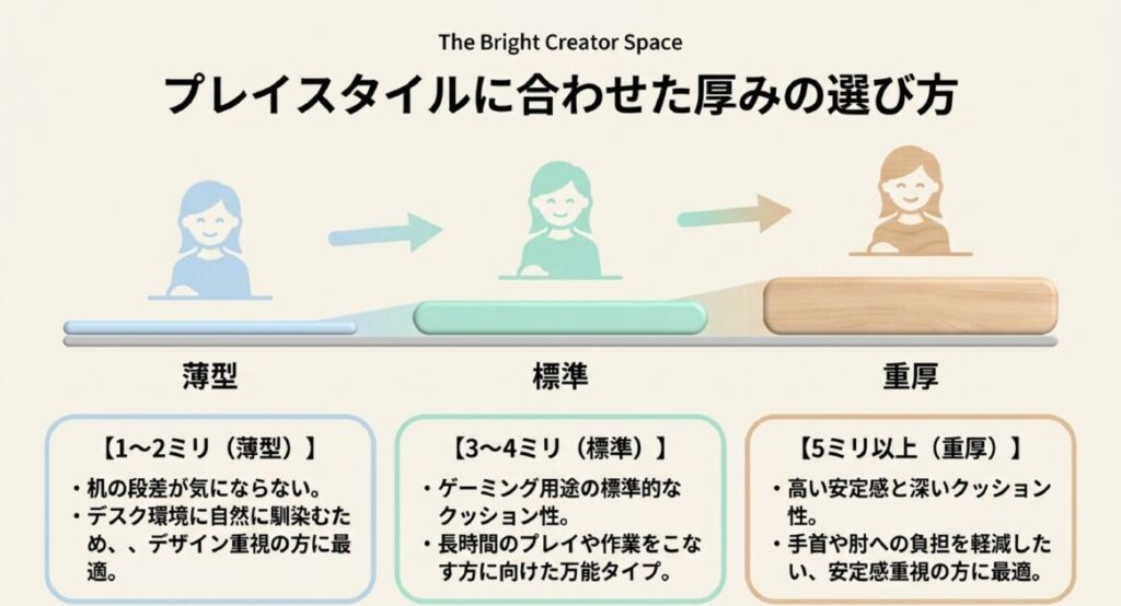 1〜2mmの薄型、3〜4mmの標準、5mm以上の重厚タイプ別の安定感と負担軽減の解説