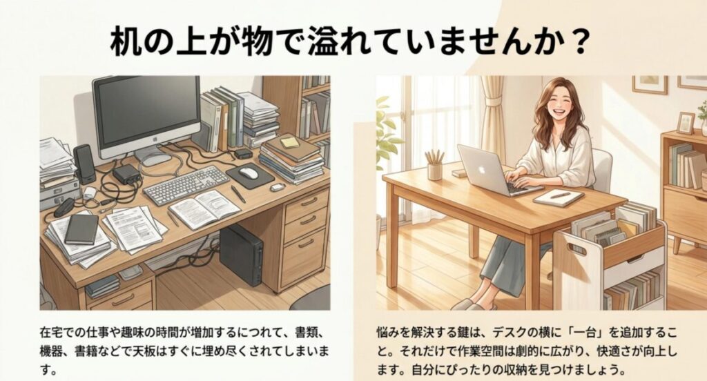 物で溢れたデスクと整理されたデスクを並べて比較した、デスク横収納導入によるビフォーアフターの図解