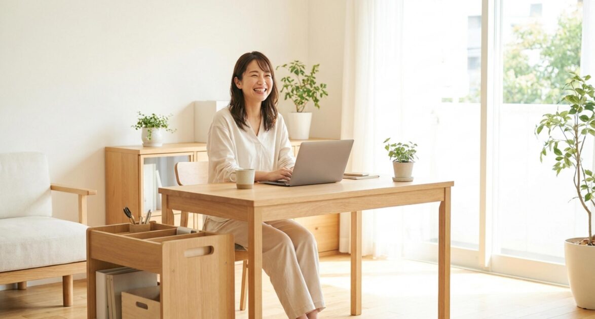 ナチュラルな書斎でノートPCを使う笑顔の女性とデスク横の木製収納ワゴンを写したデスク横収納の参考イメージ