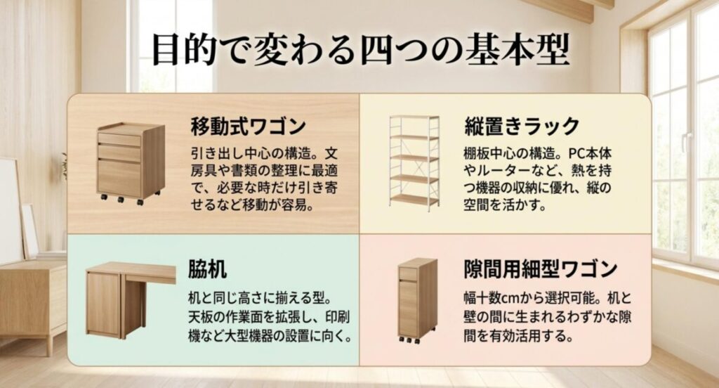 移動式ワゴン縦置きラック脇机隙間用細型ワゴンの4タイプを並べたデスク横収納の基本タイプ比較図