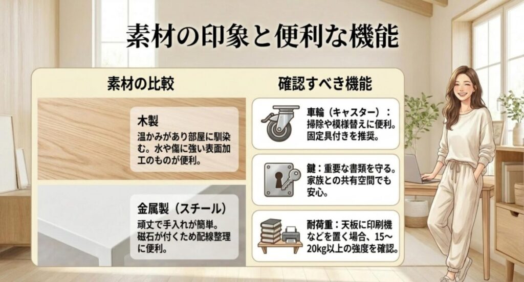 木製と金属製の素材比較とキャスター鍵耐荷重などデスク横収納で確認すべき機能を整理した図解