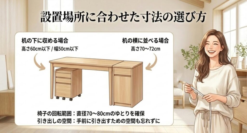 机の下に収める場合の高さ60cm幅50cm目安と机の横に並べる場合の高さ70から72cm目安を示したサイズ選びの図解