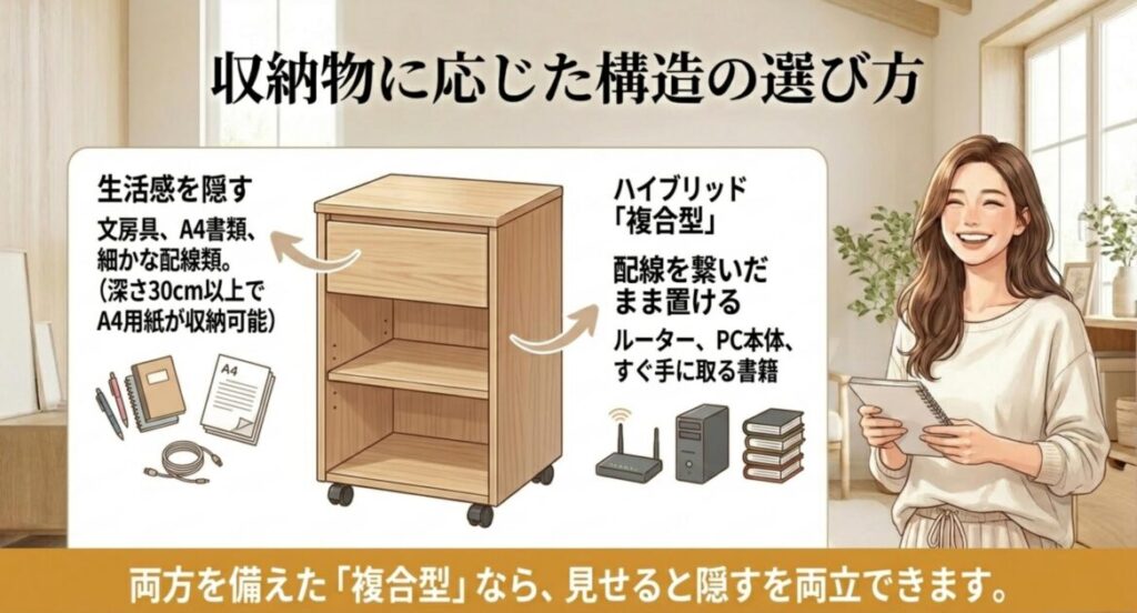 引き出し型のメリットとオープン型のメリット両方を備えたハイブリッド型を解説するデスク横収納の構造比較図
