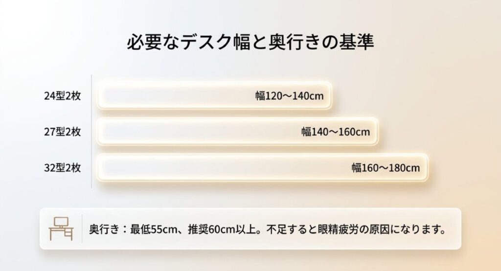 24型(幅120-140cm)、27型(140-160cm)、32型(160-180cm)の推奨デスク幅と、推奨奥行き60cm以上を示す図解。