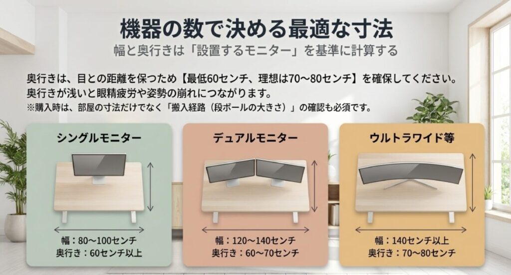 シングル、デュアル、ウルトラワイド別に幅80cm〜140cm、奥行き最低60cm〜理想80cmのサイズ基準を示した図解