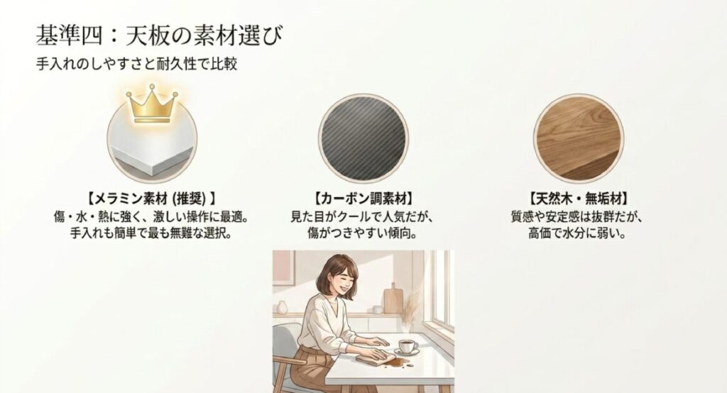 耐水性・耐熱性に優れメンテナンスが容易なメラミン素材(推奨)と、カーボン調、天然木の耐久性の違いを比較