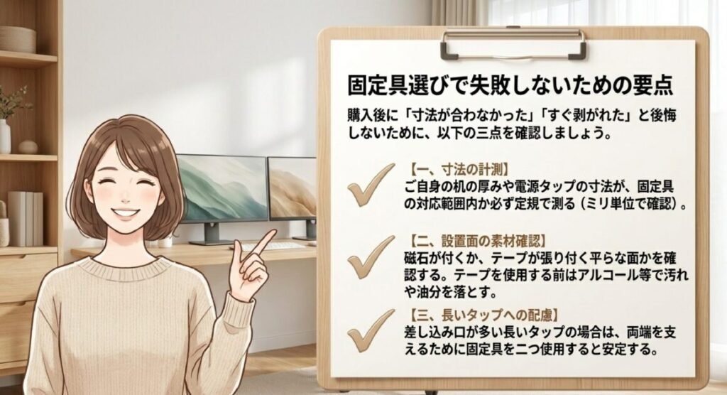 クランプ式対応の10mm〜50mmの厚み計測ポイントと、設置面の素材確認の注意図