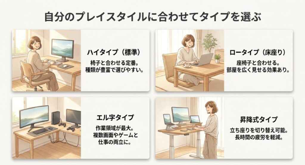 ハイタイプ、ロータイプ、L字タイプ、昇降式タイプの4つのスタイルと、それぞれの使用シーンや部屋への影響を比較