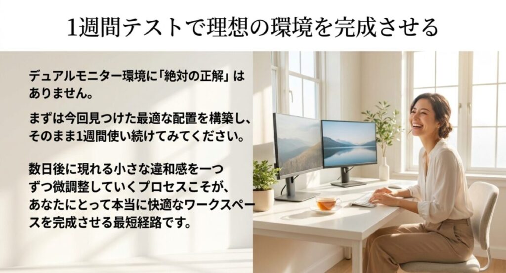 構築した環境を1週間試し、小さな違和感を微調整して自分だけの理想を完成させるステップ。
