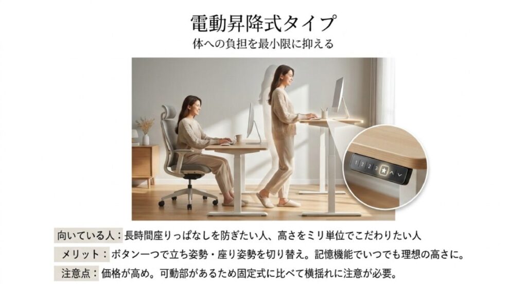 ボタン一つで立ち・座り姿勢をミリ単位で切り替え、記憶機能で理想の高さを再現できる昇降デスクの使用イメージ