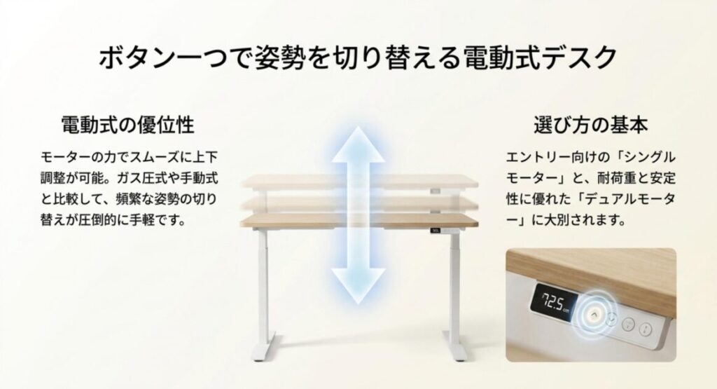 ボタン一つで姿勢を切り替えられる電動式デスクの優位性と選び方の基本を示す