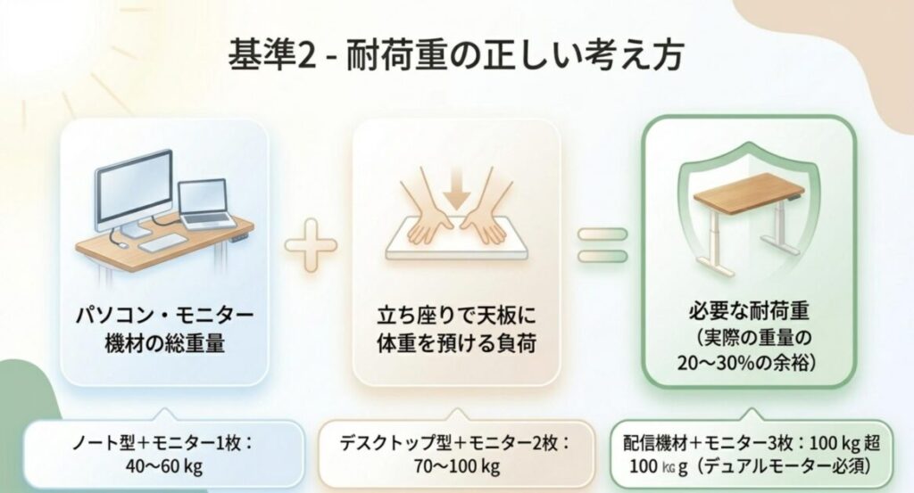 機材の総重量に立ち座りの負荷を加え、余裕を見込んだ耐荷重を選ぶ考え方を示す