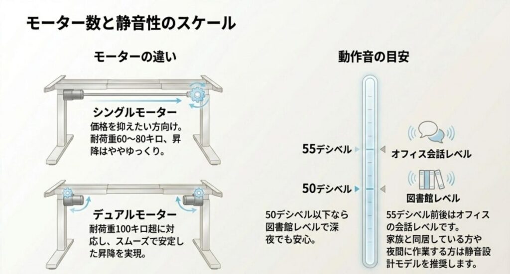 シングルとデュアルのモーターの違いと、動作音の静音性の目安を比較
