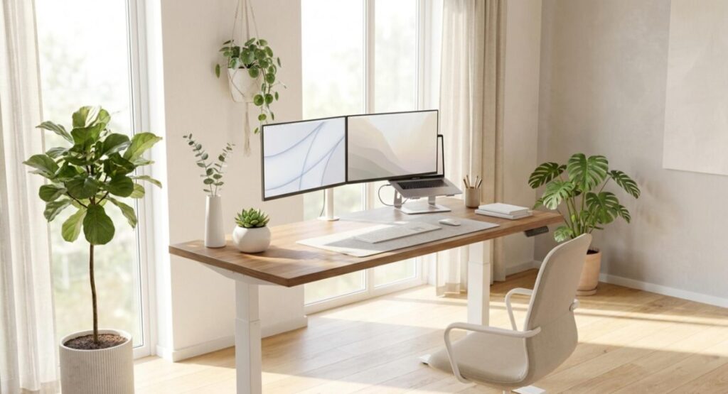 明るい部屋に設置された電動昇降デスクとデュアルモニター環境を映した表紙スライド