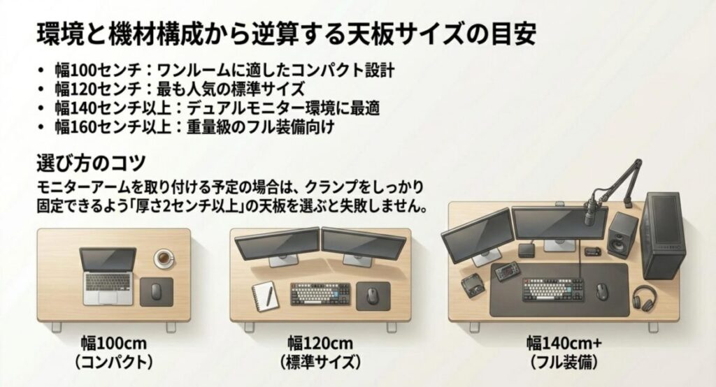 幅100から140センチ以上まで、環境と機材構成から逆算する天板サイズの目安