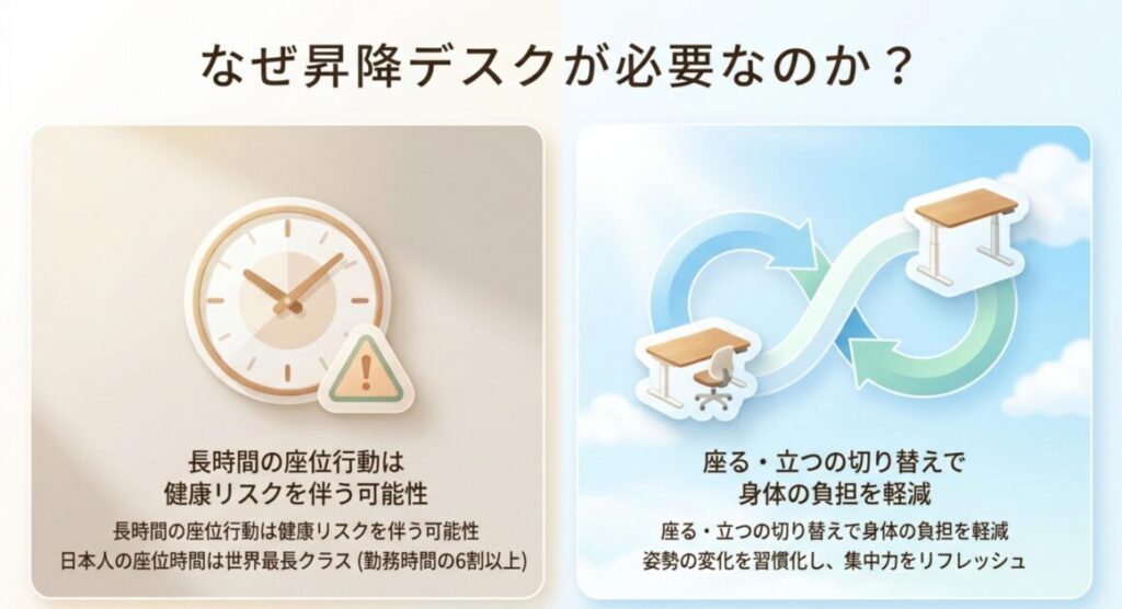 長時間の座位行動のリスクと、座る立つの切り替えで身体の負担軽減が期待される点を解説
