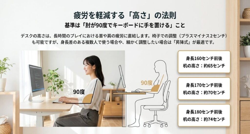 身長160cm〜180cmに対し、肘が90度になる机の高さ65cm〜74cmの目安と、昇降式による微調整の重要性を解説