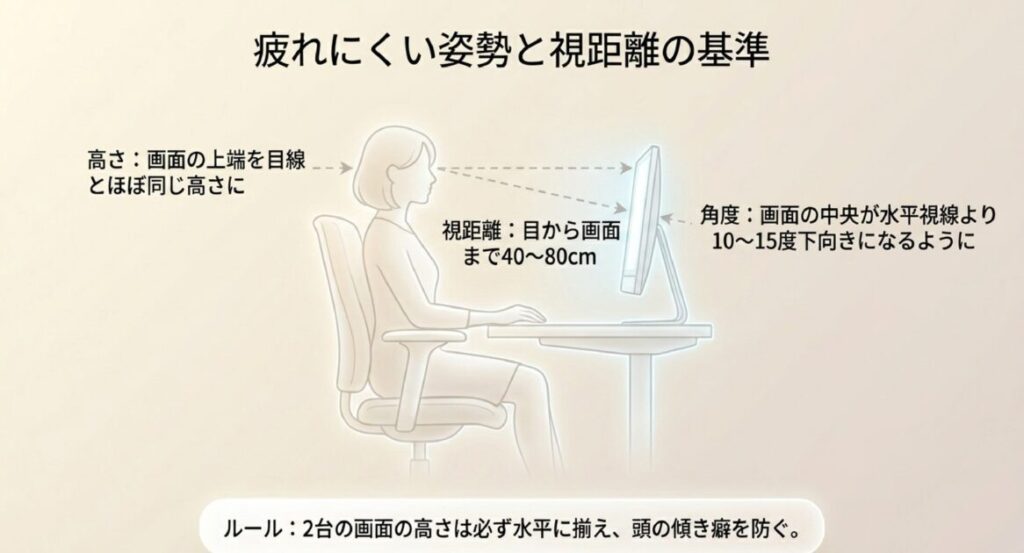 視距離40-80cm、画面中央が水平視線より10-15度下、上端を目線の高さに揃えたエルゴノミクス基準。