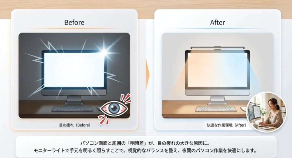 画面と周囲の明暗差による目の疲れ(Before)と、ライトで視覚バランスを整えた快適な作業環境(After)の比較図