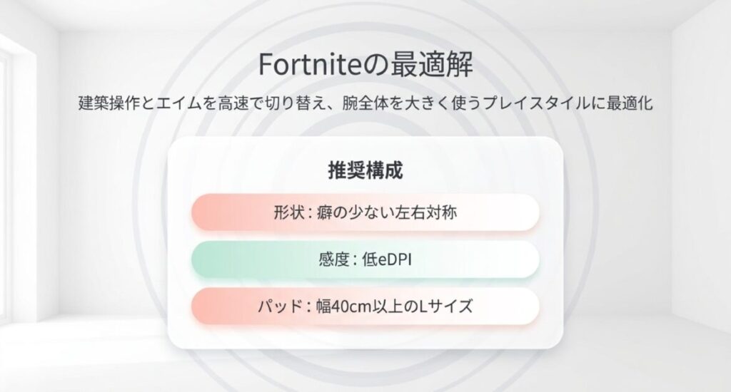 解	癖のない左右対称形状、低eDPI、40cm以上のLサイズパッドを推奨する建築・エイム両立構成。